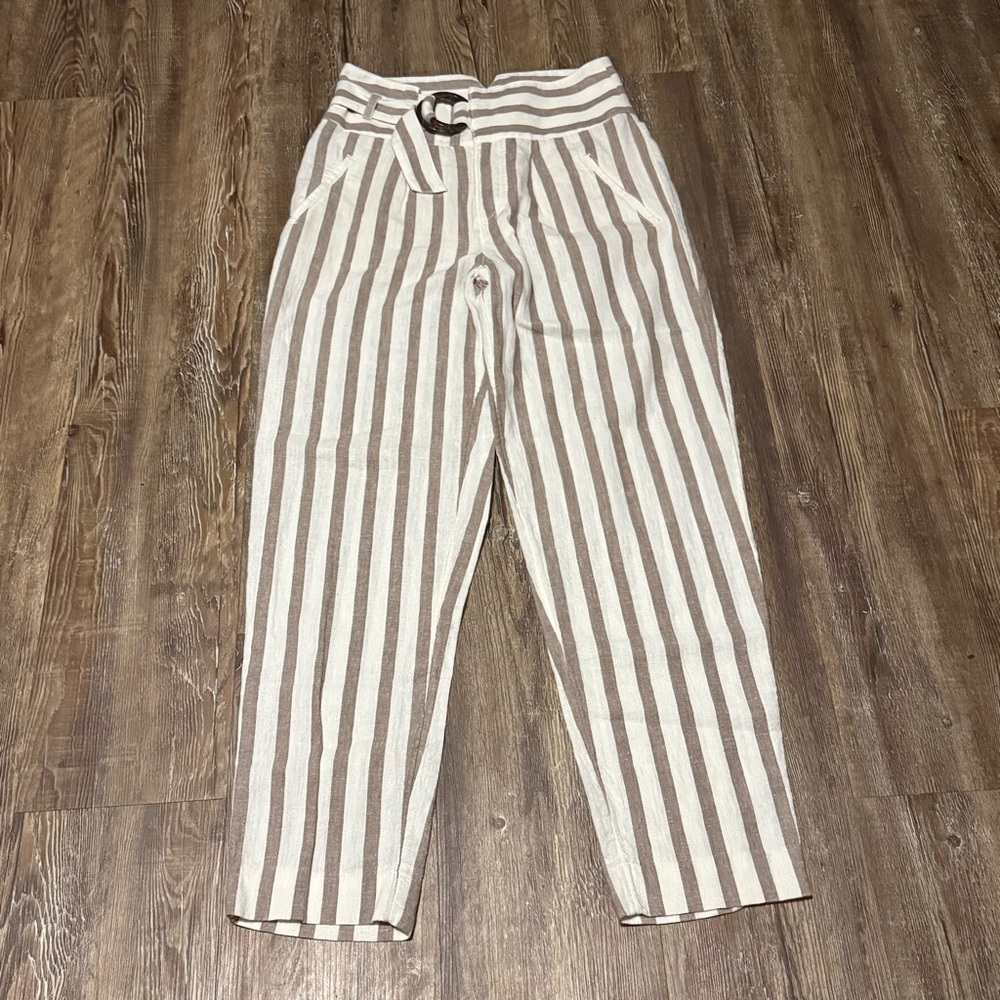By Anthropologie Linen Blend Pants Women's 0 Tapered Stripes Belted Spring Wear